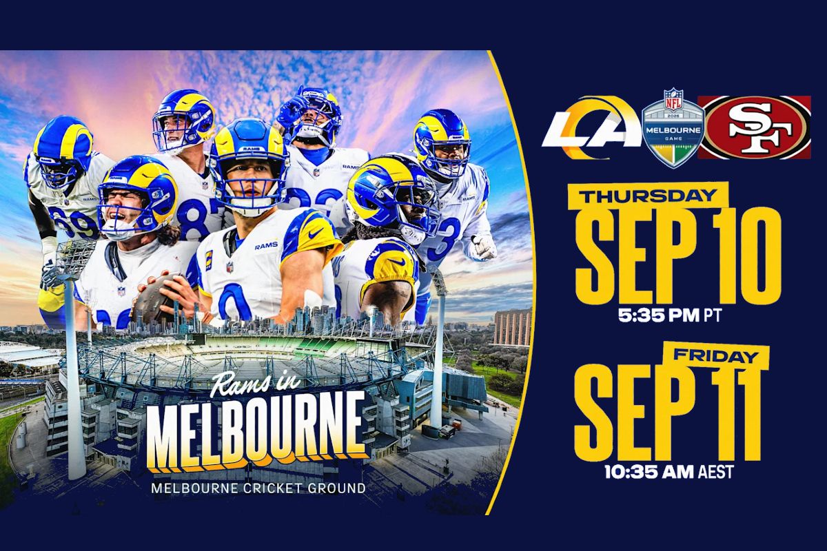 Promotional image for the 2026 NFL Melbourne game between the Los Angeles Rams and San Francisco 49ers