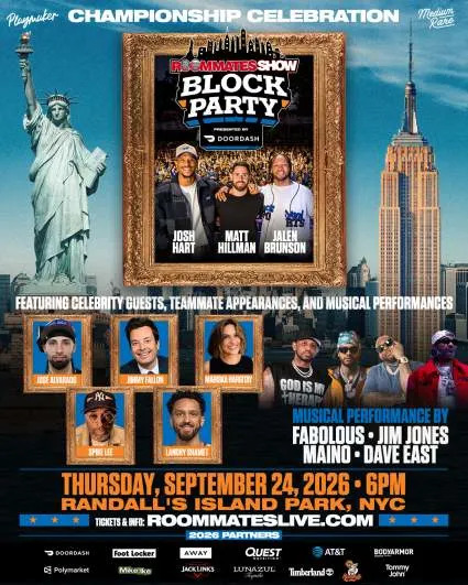 Official 2026 Roommates Show Block Party championship celebration poster for Randall's Island Park featuring Jalen Brunson and Josh Hart