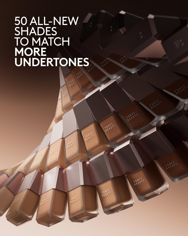 Fenty Beauty Pro Filt'r Fluid Flex foundation bottles with text highlighting 50 new shades